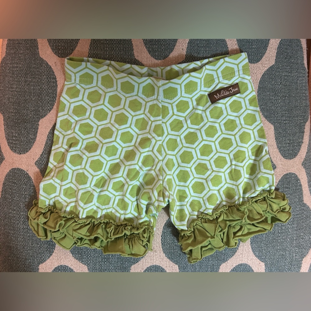 Matilda Jane Lime Green & Blue Geometric Ruffle Shorts- size 6